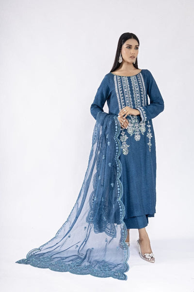 Sadia Aamir - Layana - Blue Silver Korean Raw Silk Shirt and Culottes with Organza Dupatta - 3 Piece - Studio by TCS