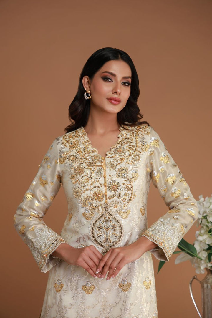 Shamaeel - EE-15 - Ivory - Khaddi Silk & Organza - 3 Piece