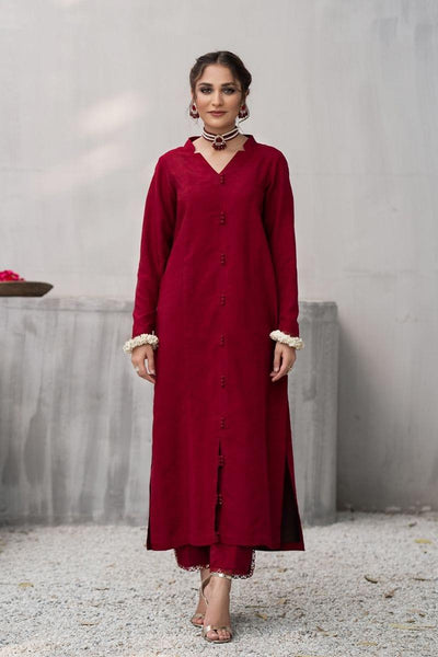 Fozia Khalid - Maroon Korean Silk Pishwas with Pants - 2 Piece - Studio by TCS
