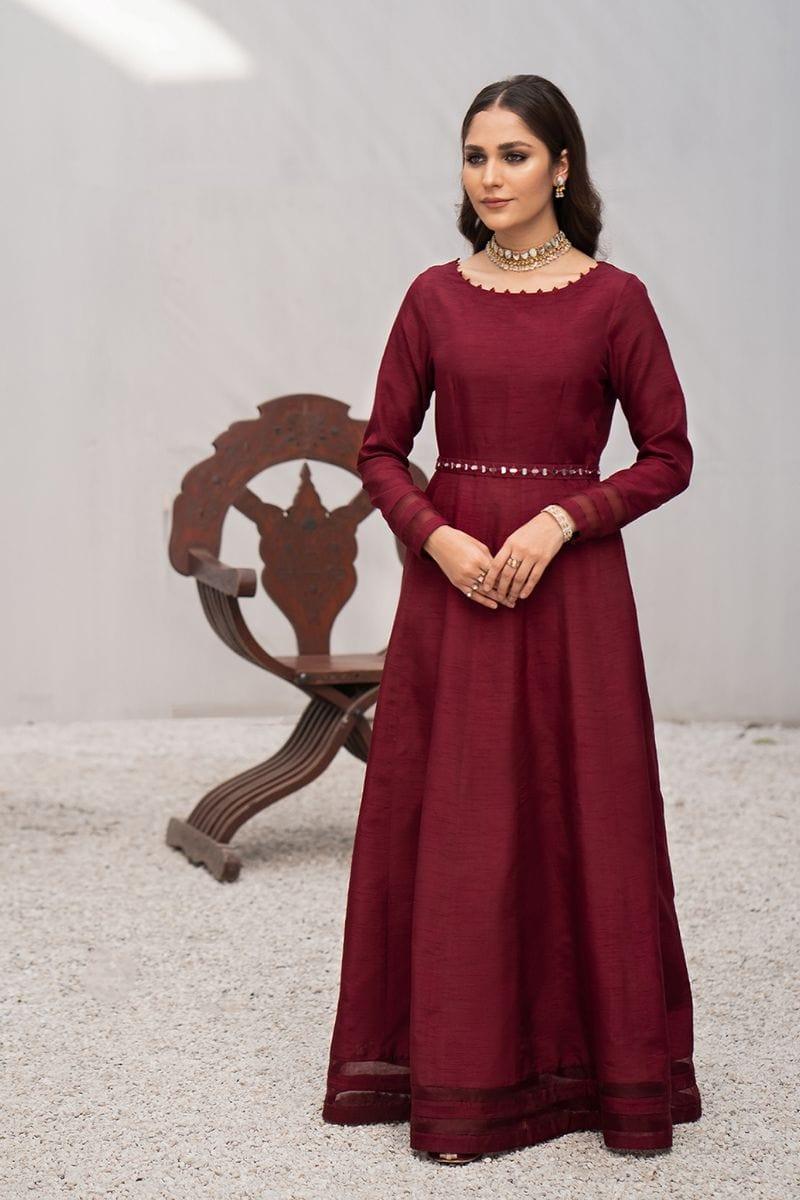 korean silk dress in pakistan Fozia Khalid - Korean Silk Red Pishwas with Pants