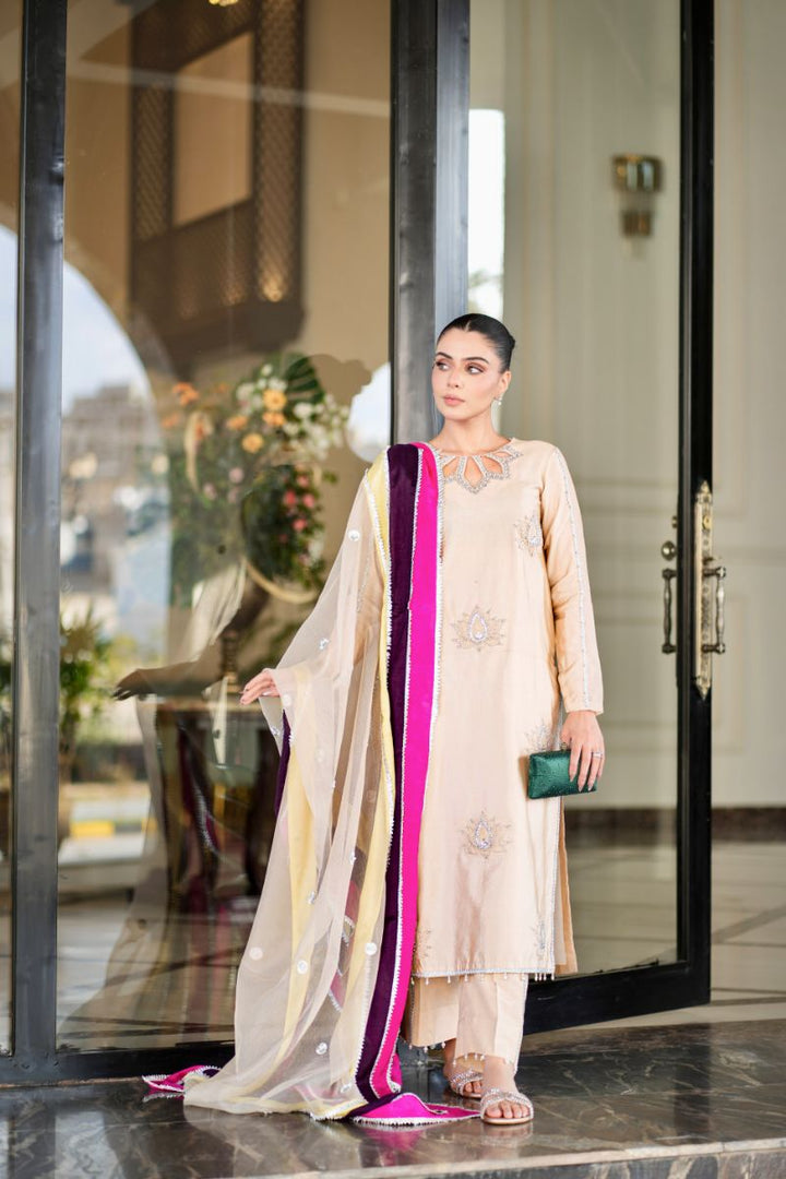 Fozia Khalid - HAYA - Silk - Beige - 3 Piece