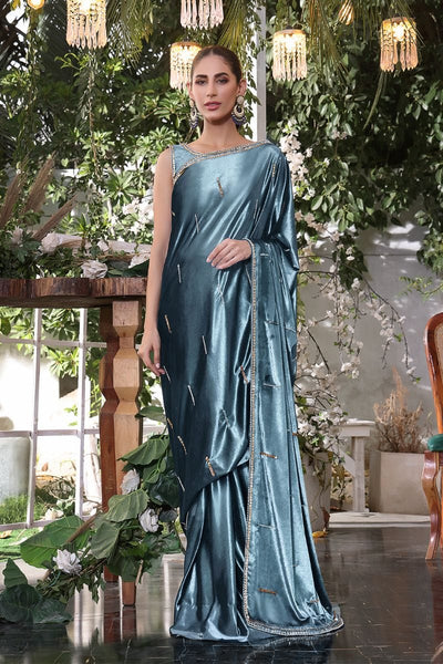 Sanas - Handwork Embroidered Solid Velvet Luxury Saree - ZEENAT - SR202220 - Grey & Navy Blue - Studio by TCS