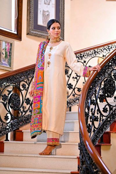 Khayal BY SHAISTA HASSAN - Off-White and multi-coloured raw silk - 3 Piece - Studio by TCS