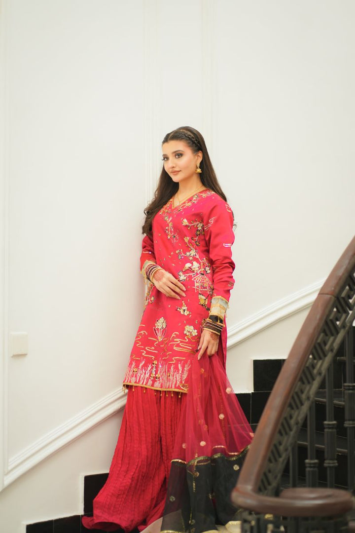 Fozia Khalid - NAQSH - Silk - Maroon - 3 Piece