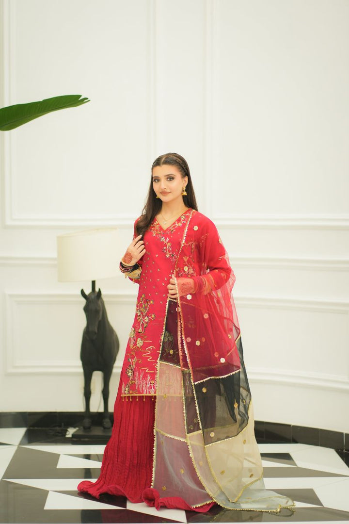 Fozia Khalid - NAQSH - Silk - Maroon - 3 Piece
