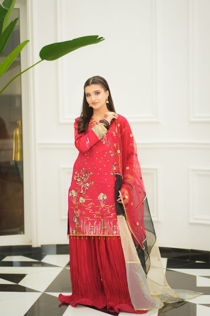 Fozia Khalid - NAQSH - Silk - Maroon - 3 Piece