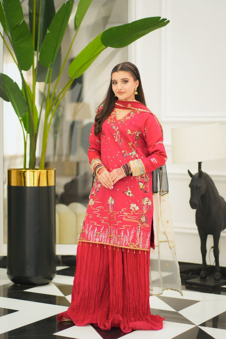 Fozia Khalid - NAQSH - Silk - Maroon - 3 Piece