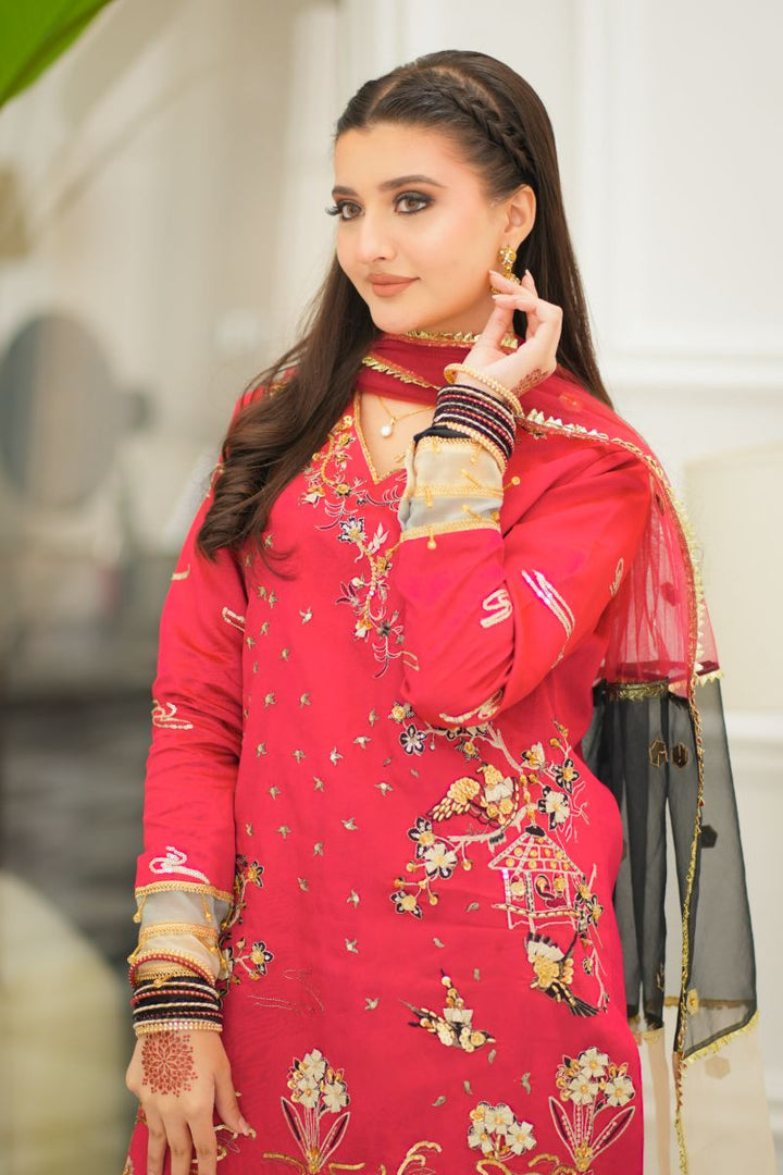 Fozia Khalid - NAQSH - Silk - Maroon - 3 Piece