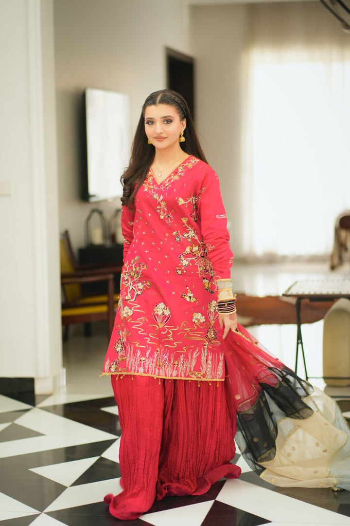 Fozia Khalid - NAQSH - Silk - Maroon - 3 Piece
