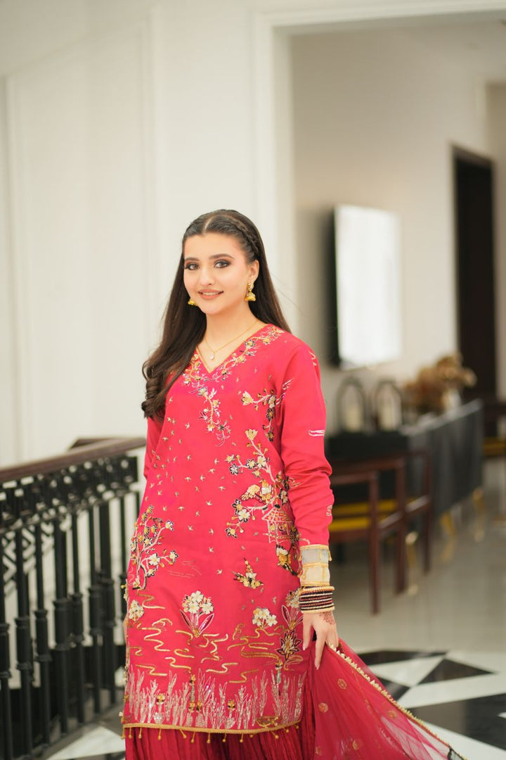 Fozia Khalid - NAQSH - Silk - Maroon - 3 Piece