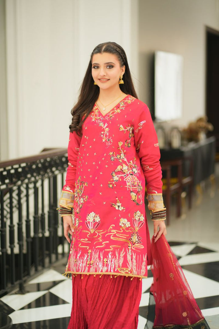 Fozia Khalid - NAQSH - Silk - Maroon - 3 Piece