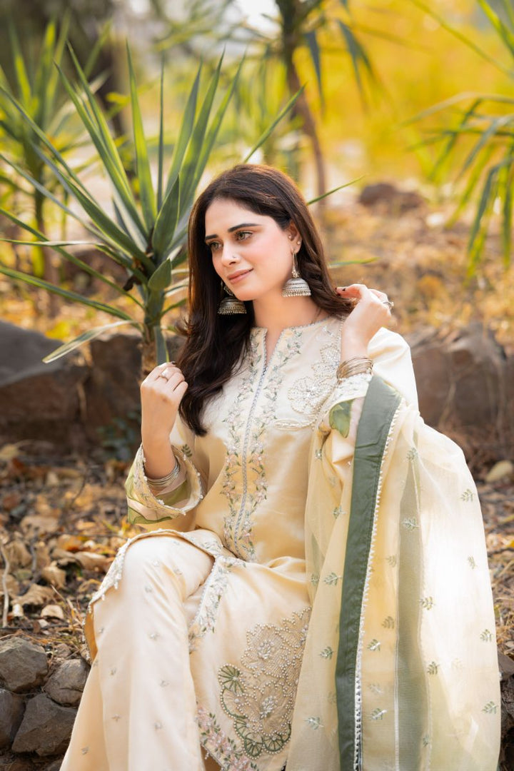 Fozia Khalid - RUHAB - Silk - Light yellow - 3 Piece