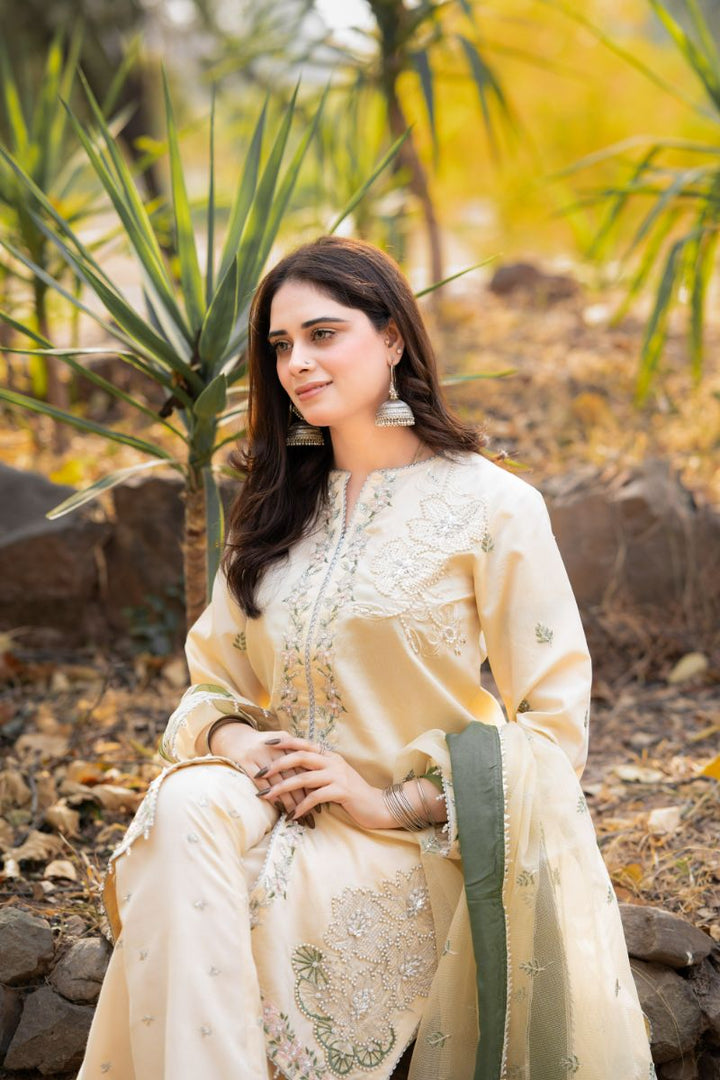 Fozia Khalid - RUHAB - Silk - Light yellow - 3 Piece