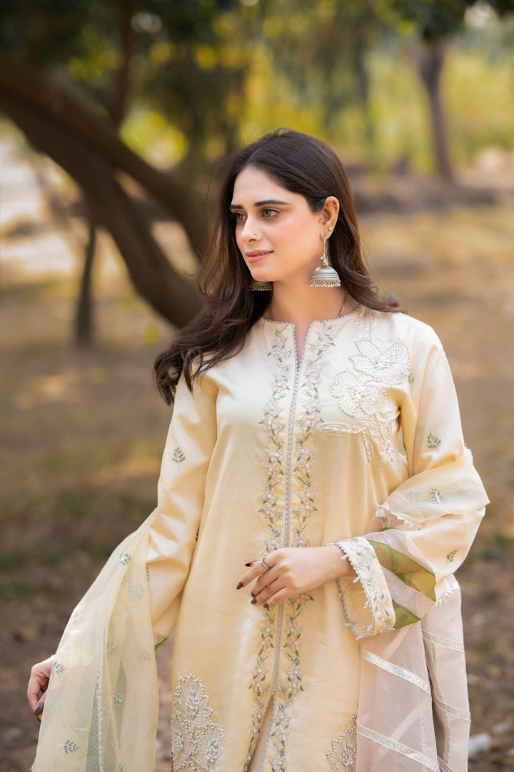 Fozia Khalid - RUHAB - Silk - Light yellow - 3 Piece