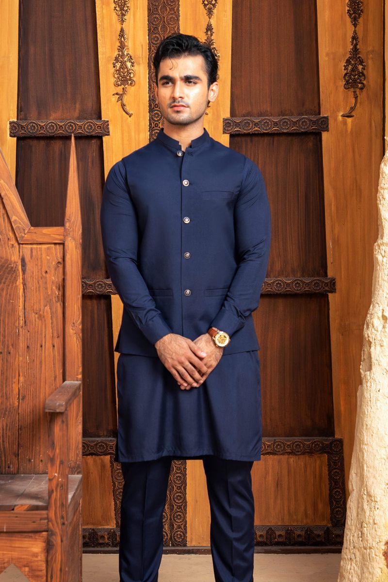 Shahjahan Boski Navy Blue Kurta Trouser With Waistcoat Piece