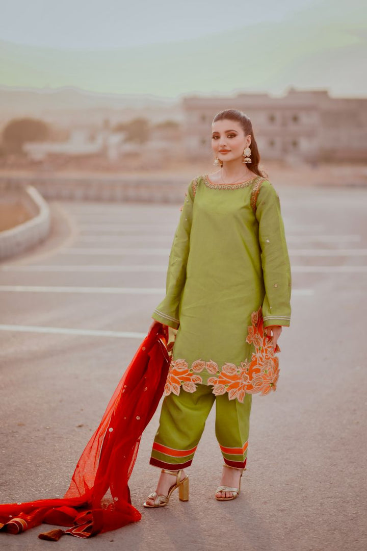Fozia Khalid - WANIYA - Silk - Olive - 3 Piece