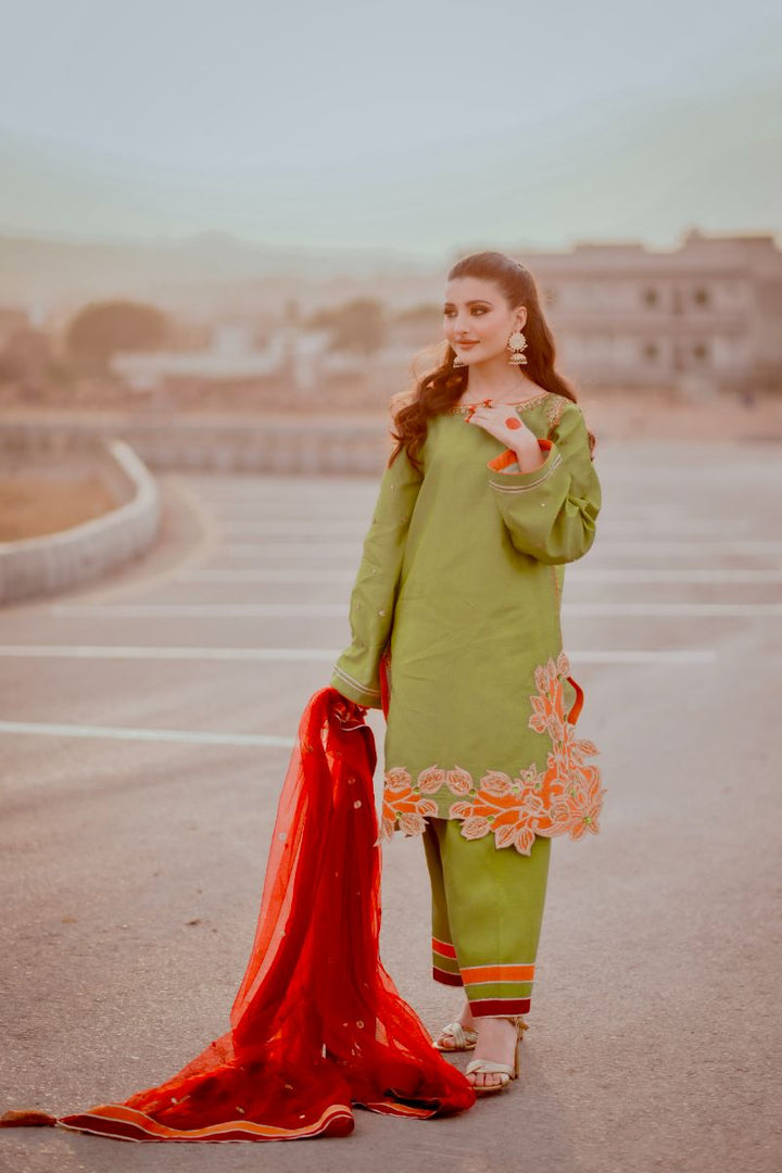 Fozia Khalid - WANIYA - Silk - Olive - 3 Piece