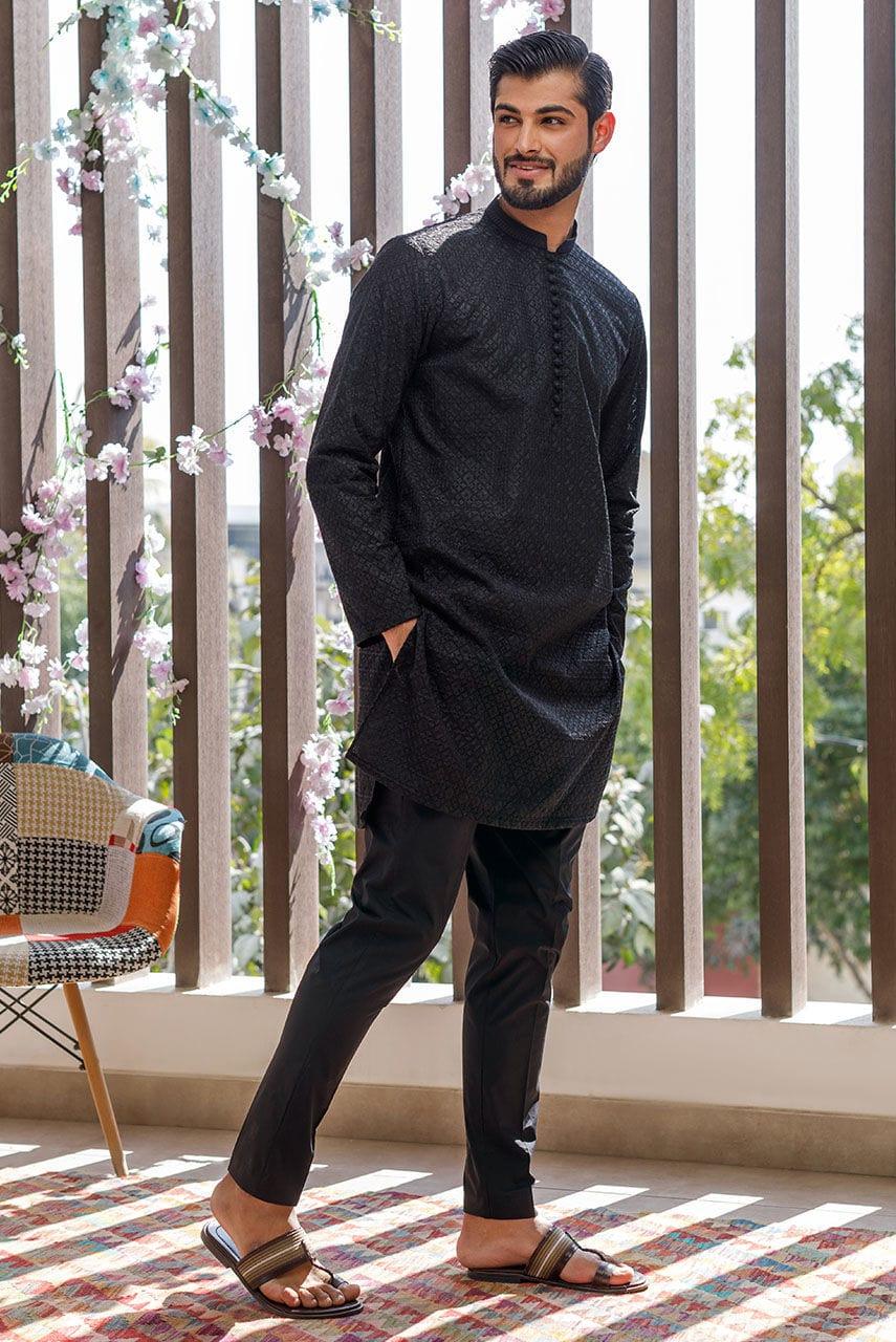 Deepak Perwani Men - Black Cotton Embroidered Kurta Pajama - MOF1883 - 2 Piece - Studio by TCS