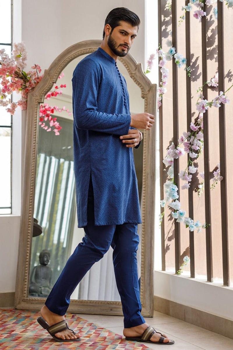 Deepak Perwani Men - Blue Cotton Embroidered Kurta Pajama - MOF1884 - 2 Piece - Studio by TCS
