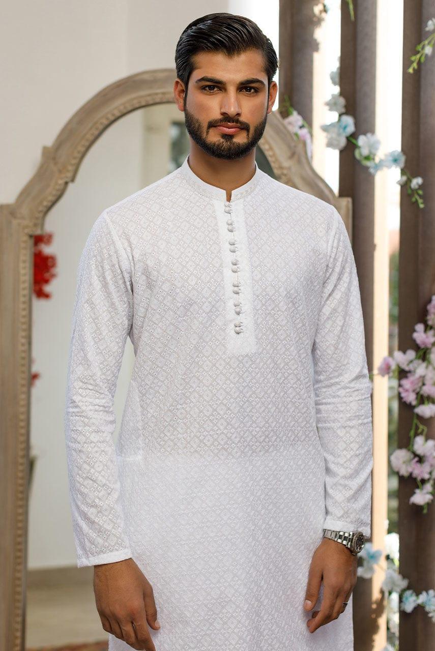Deepak Perwani Men - White Cotton Embroidered Kurta Pajama - MOF1882 - 2 Piece - Studio by TCS