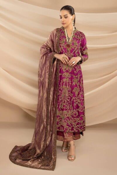 Nilofer Shahid - Magenta Embellished Tissue Organza Shirt with Khimkhaab Pants & Tissue Dupatta - 3 Piece - Studio by TCS