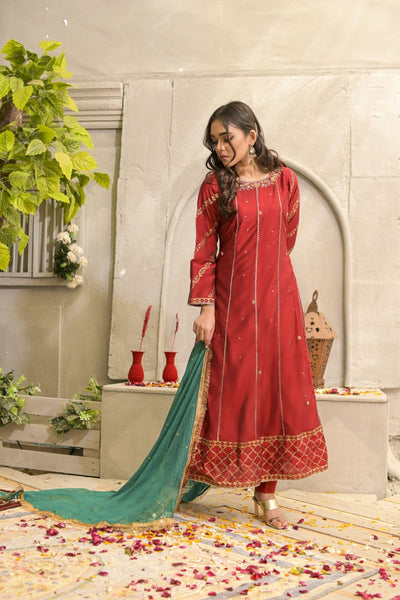 Rubys Couture - Red Silk Embroidered Pishwas with Raw Silk Pants - Maharani - Studio by TCS