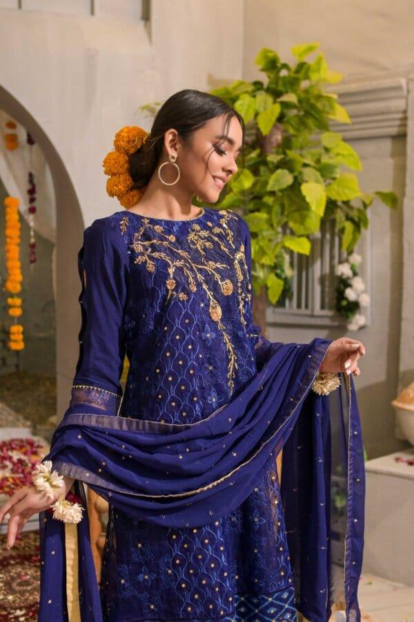 Rubys Couture - Navy Blue Organza Embroidered Frock with Raw Silk Pants - Roshanara - Studio by TCS