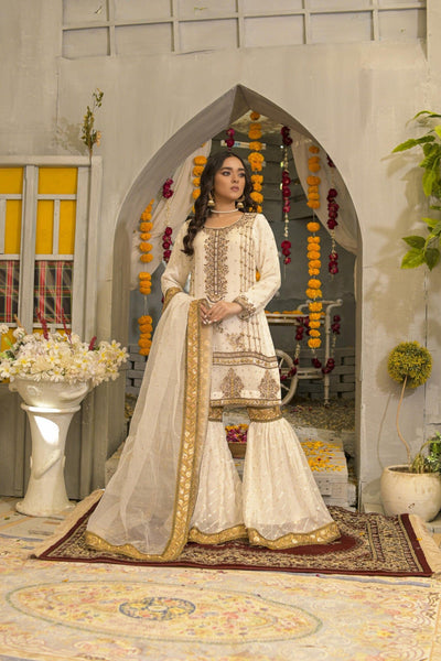 Rubys Couture - White Embroidered Shirt & Gharara Pants - Atish - Studio by TCS