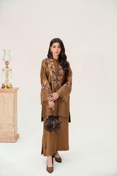 Nilofer Shahid - Bronze Gold Tissue Silk Shirt & Crushed Tissue Pants with Black Pure Crushed Velvet Shawl - 3 Piece - Studio by TCS