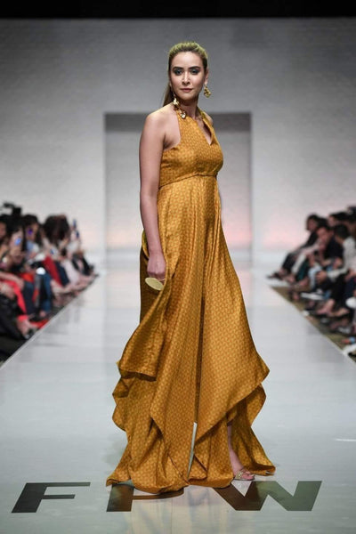 Yasmin Zaman - Mustard Printed Handkerchief Dress With Yoke
