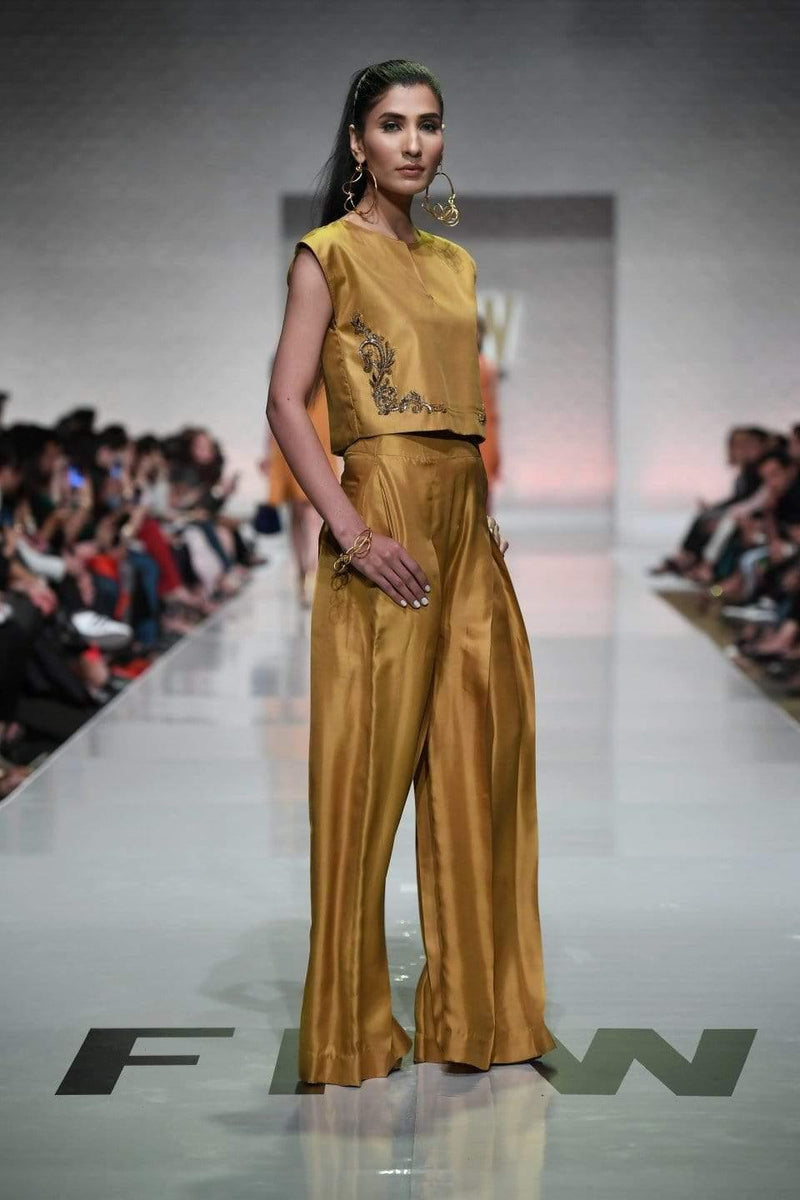 Yasmin Zaman Mustard Crop Top With Flowy Trouser 2 Piece Studio