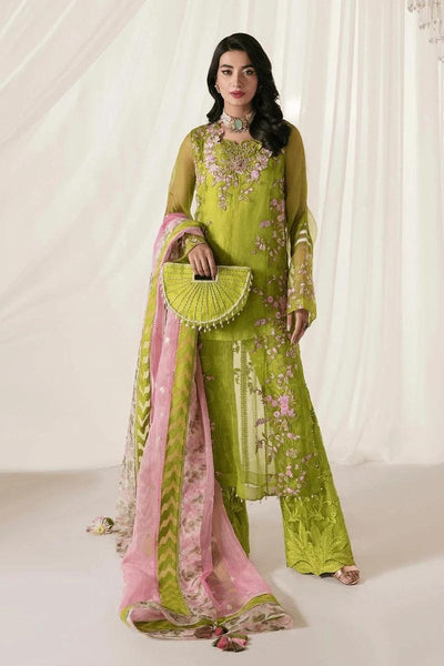 Nilofer Shahid - Chartreuse Green Organza Embroidered Shirt and Embroidered Net Pants with Tri-color Organza Dupatta - 3 Piece - Studio by TCS