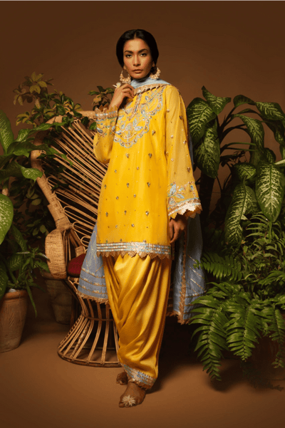 Sanam Chaudhri - Yellow Kora Silk Embroidered 3 Piece - Studio by TCS
