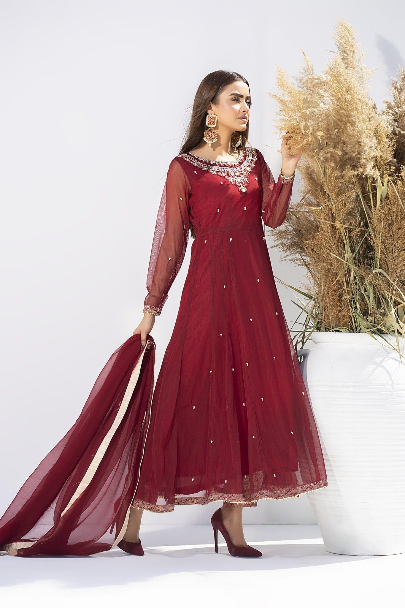 Aisha Fatema - Cherry Red - 1012 - Traditional Style Frock - 3 Piece Studio by TCS Aisha Fatema - Cherry Red - 1012 - Traditional Style Frock - 3 Piece Studio by TCS