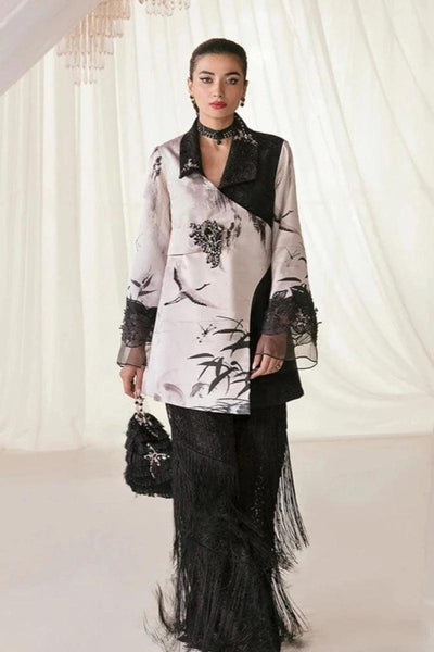 Nilofer Shahid - Charmeuse Silk Korean Print Embroidered Shirt with Embroidered Net Pants - Midnight Sky - 3 Piece - Studio by TCS