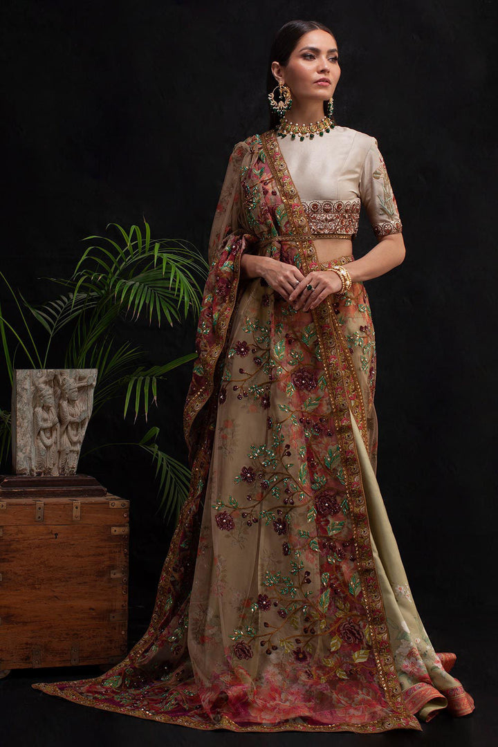 Shamaeel - GREEN FRORAL SAARI - Soft Net & Satin Silk/Raw Silk