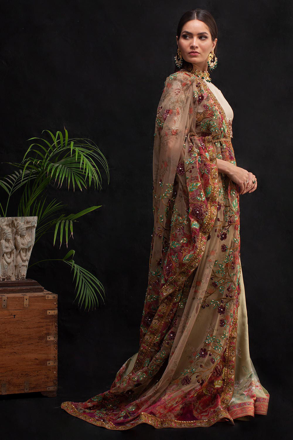 Shamaeel - GREEN FRORAL SAARI - Soft Net & Satin Silk/Raw Silk