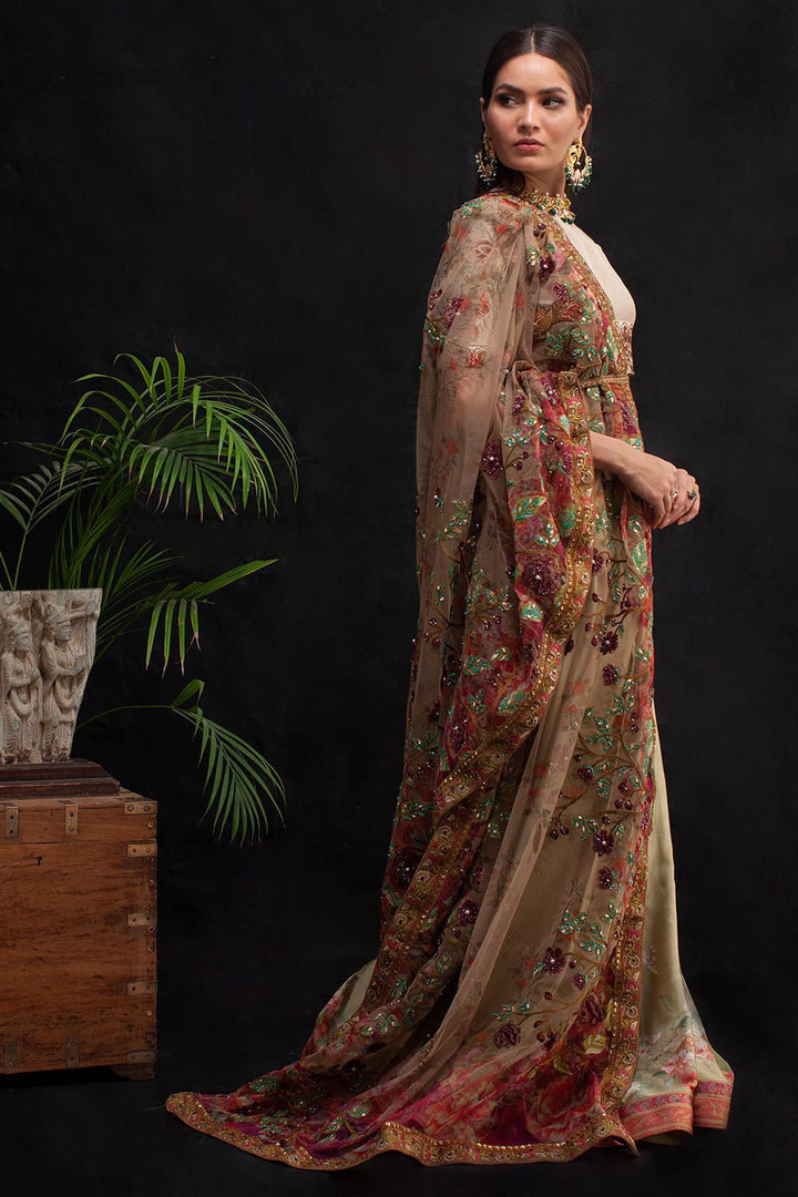 Shamaeel - GREEN FRORAL SAARI - Soft Net & Satin Silk/Raw Silk