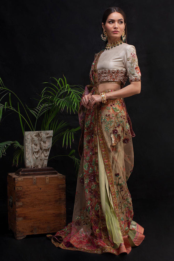 Shamaeel - GREEN FRORAL SAARI - Soft Net & Satin Silk/Raw Silk