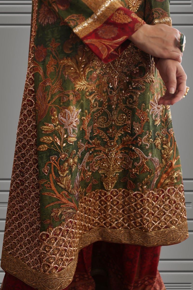 Shamaeel - Silk Embroidered Long Kurta with Maroon Sharara and Printed Net Dupatta
