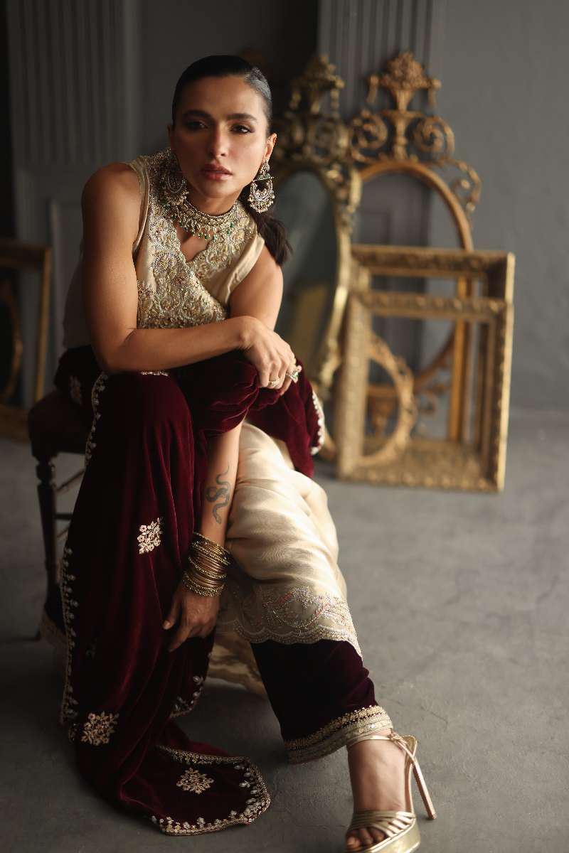 Deepak Perwani - Chiffon & Pure Raw Silk Formal Suit For Women - 3 Piece