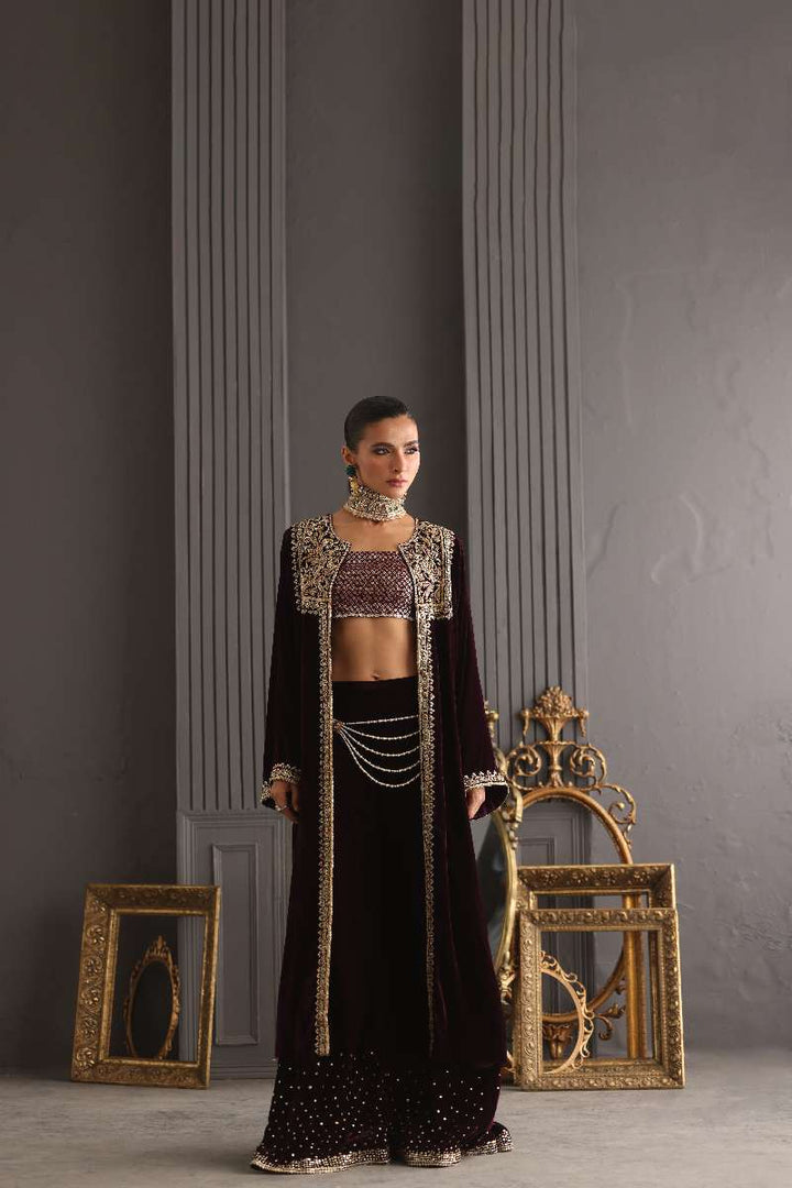 Deepak Perwani - Velvet Paneled Jacket Suit For Women - 3 Piece