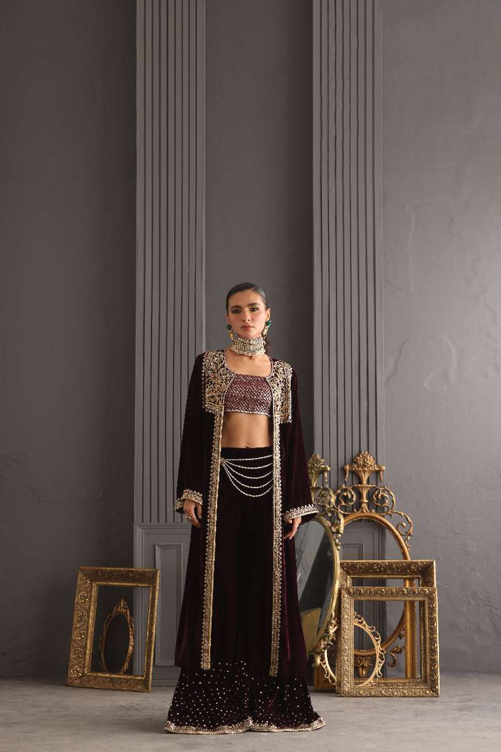 Deepak Perwani - Velvet Paneled Jacket Suit For Women - 3 Piece