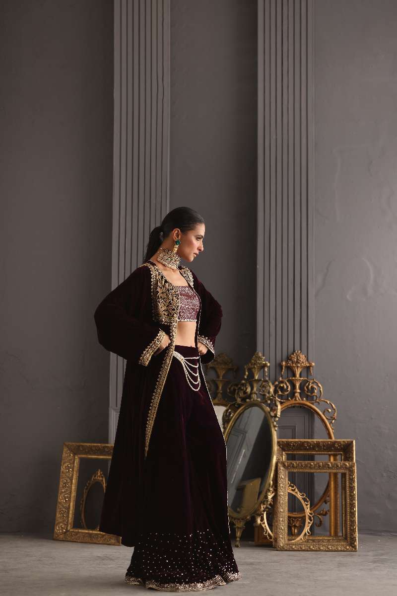 Deepak Perwani - Velvet Paneled Jacket Suit For Women - 3 Piece