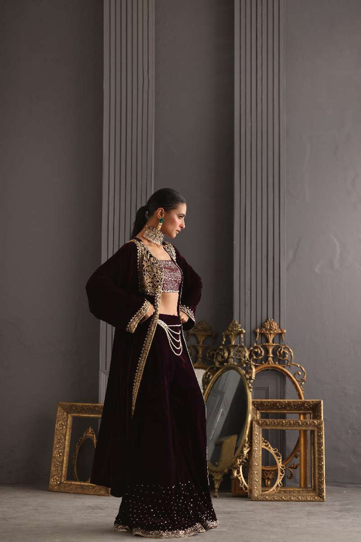 Deepak Perwani - Velvet Paneled Jacket Suit For Women - 3 Piece