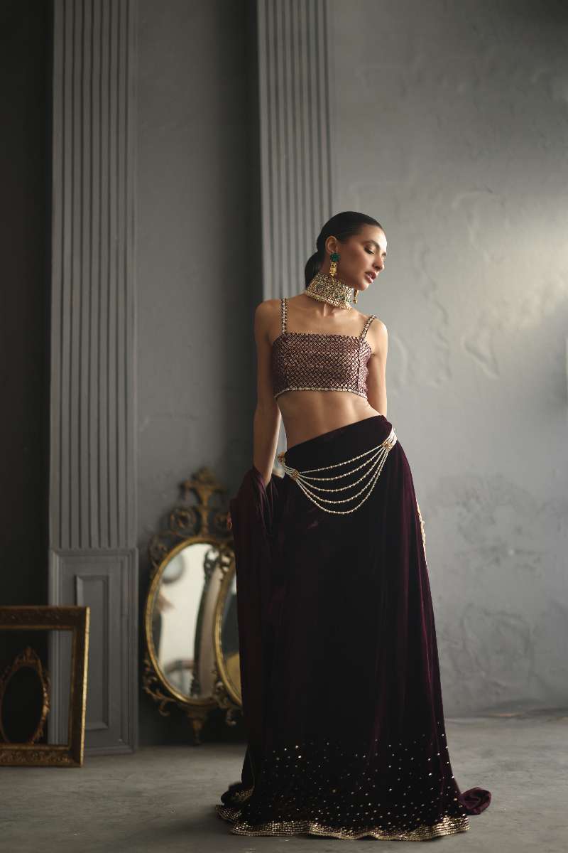 Deepak Perwani - Velvet Paneled Jacket Suit For Women - 3 Piece