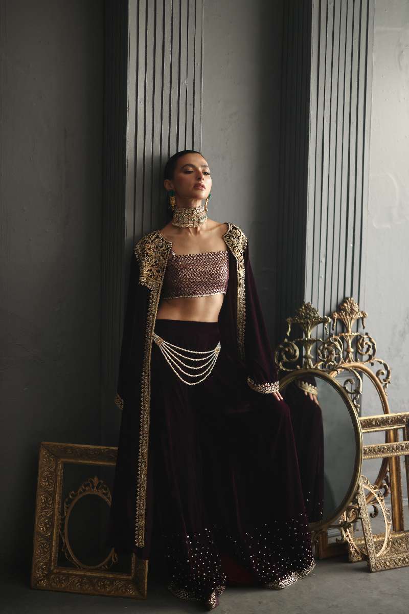 Deepak Perwani - Velvet Paneled Jacket Suit For Women - 3 Piece