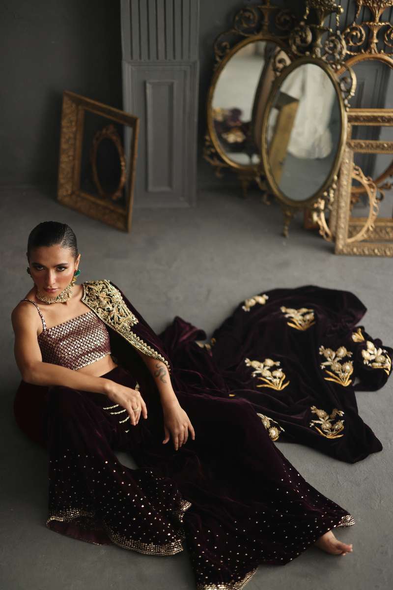 Deepak Perwani - Velvet Paneled Jacket Suit For Women - 3 Piece