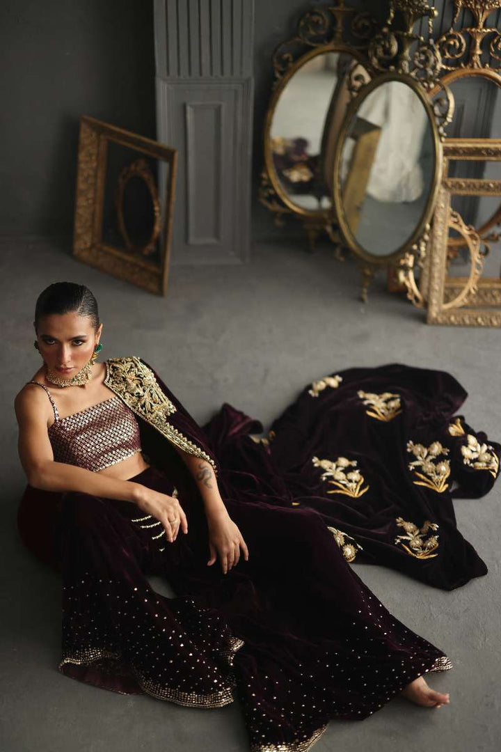 Deepak Perwani - Velvet Paneled Jacket Suit For Women - 3 Piece