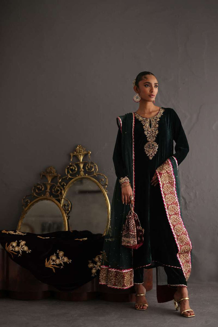 Deepak Perwani - Velvet & French Net Formal Suit For Women - 3 Piece